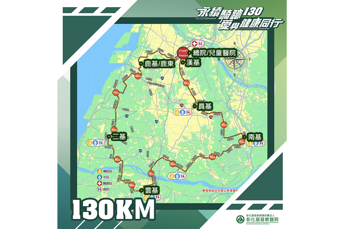 「永續騎跡 130」挑戰組路線長達 130 公里，由總院出發並串聯員基、南基、雲基、二基、鹿基及漢基等體系分院。(圖/彰基提供)